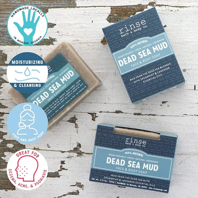 Rinse Bath & Body Dead Sea Mud Soap Bar - Handmade Castile Dead Sea Soap | Purifying, Exfoliating, Clarifying | Shea & Cocoa Butter | Spearmint & Lavender Essential Oils | Natural | Vegan | 4.25oz