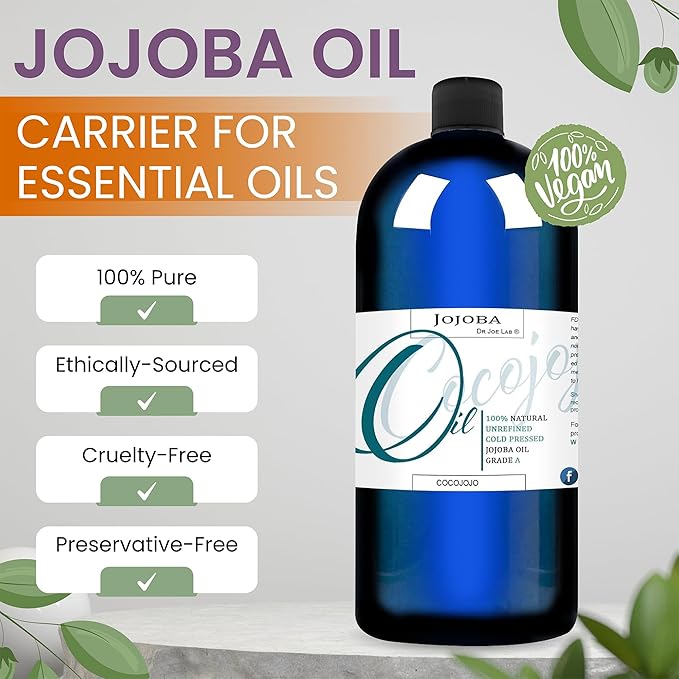 Dr Joe Lab Jojoba Oil Organic Cold Pressed for Hair Growth, Skin, Face, Deep Moisturizing Anti-Aging, Essential Oils - 32 Fl Oz