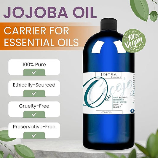 Dr Joe Lab Jojoba Oil Organic Cold Pressed for Hair Growth, Skin, Face, Deep Moisturizing Anti-Aging, Essential Oils - 32 Fl Oz