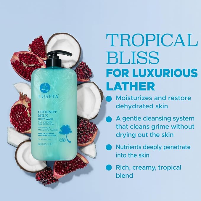 Luseta Coconut Milk Body Wash with Coconut Oil & Pomegranate -Shower Gel Body Wash for Deep Hydration, Gentle Cleansing, Soothes Skin for All Skin Types Sulfate & Paraben-Free 33.8oz