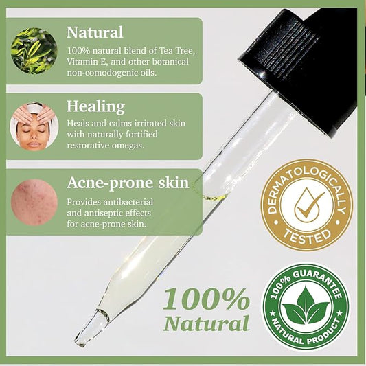 100% NATURAL TEA TREE OIL Vegan Facial Serum for Sensitive Oily Skin Acne Prone with Vitamin E Jojoba Oil Gua Sha 30ml Glass skin Clear Care Non-Greasy and Fast Absorbing Formurla PURIFECT MADE IN USA