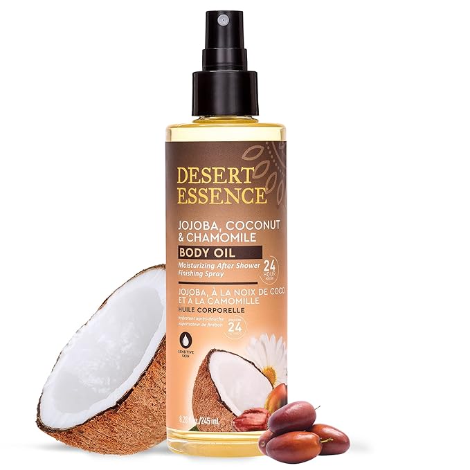 Desert Essence Body Oil Spray – 8.28 fl oz | Jojoba, Coconut & Chamomile | 24-Hour Moisture for Dry Skin | Lightweight After-Shower Oil | Vegan, Cruelty-Free, B-Corp, Made in USA