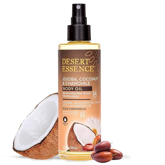 Desert Essence Body Oil Spray – 8.28 fl oz | Jojoba, Coconut & Chamomile | 24-Hour Moisture for Dry Skin | Lightweight After-Shower Oil | Vegan, Cruelty-Free, B-Corp, Made in USA