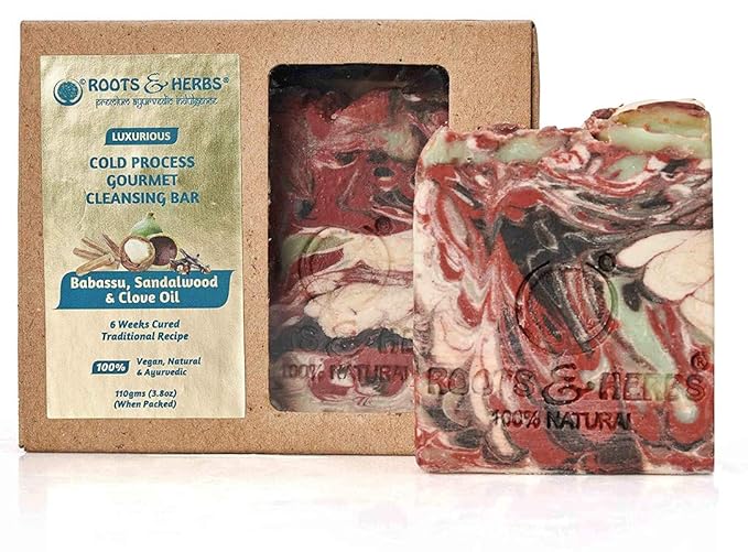 ROOTS AND HERBS Vegan No Paraben No SLS No Sulphate Ayurvedic Natural Treatment Luxurious Babassu, Sandalwood and Clove Oil Cold Process Gourmet Cleansing Bar Soap