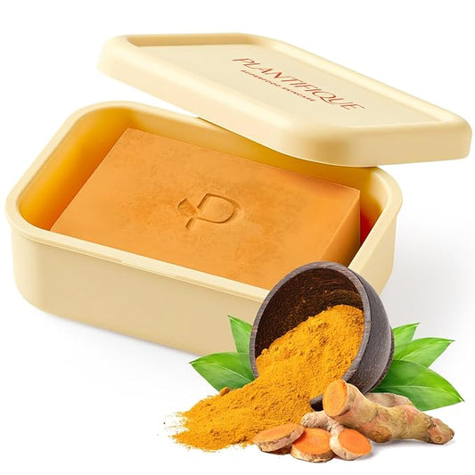 PLANTIFIQUE Kojic Acid Soap for Hyperpigmentation with Travel Silicone Case - Turmeric Bar with Hyaluronic Acid, Collagen, Vitamin C - Vegan Skincare for Radiant Skin - 80 g / 2.82 oz