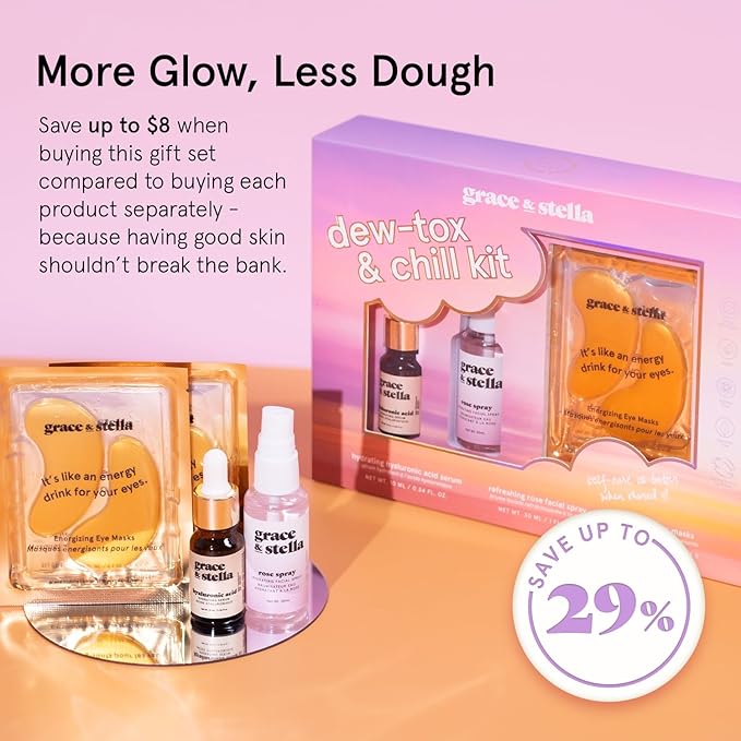 grace & stella Award-Winning Skin Care Set - Birthday Gifts for Women - Travel Essentials with Gold Eye Masks, Hyaluronic Acid Serum & Rose Spray - Bachelorette Party Favors, Teen Girl Gifts - Vegan