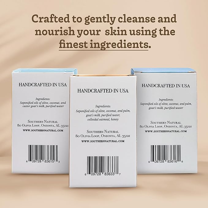 Southern Natural Goat Milk Soap Bar – Unscented Oatmeal & Honey, Castile & Unscented – Handmade for Dry, Sensitive Skin – Face & Body Wash for Men, Women, Kids, Baby – 3 pack (4-4.5 oz)