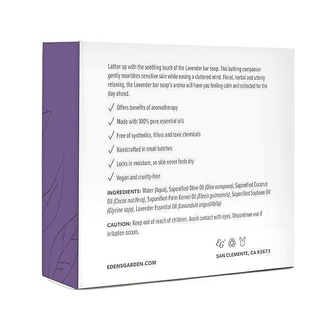 Edens Garden Lavender Bar Soap - Natural Cold-Processed with Pure Essential Oils for Hydrating, Moisturizing, & Calming Skin - Handmade Aromatherapy Gentle Bath Soap for Face & Body, 4.5 oz (127 g)