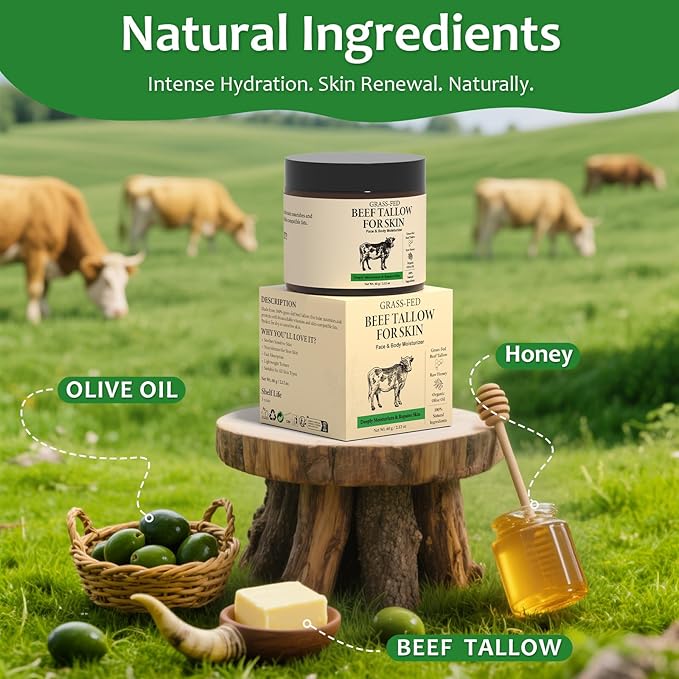 Beef Tallow for Skin, 100% Organic Grass-Fed Whipped Beef Tallow & Honey Balm, Deeply Moisturizing Face & Body Cream for All Skin Types, 2.12 OZ