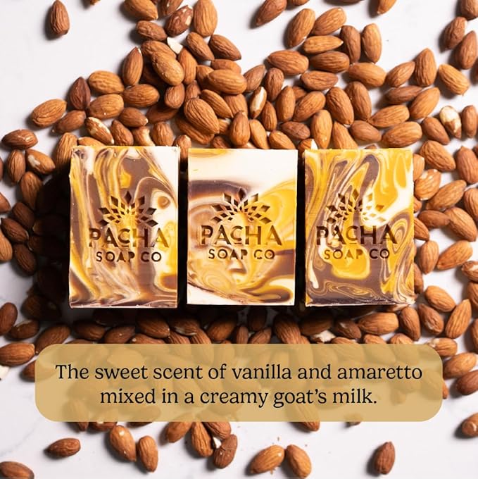 Pacha Soap Co. Bar Soap, Almond Goat’s Milk, 3-Pack (4 oz ea) - Premium, Handcrafted, Hydrating, Natural Face Wash, Hand Cleanser, Body Wash, Soothing Essential Oils