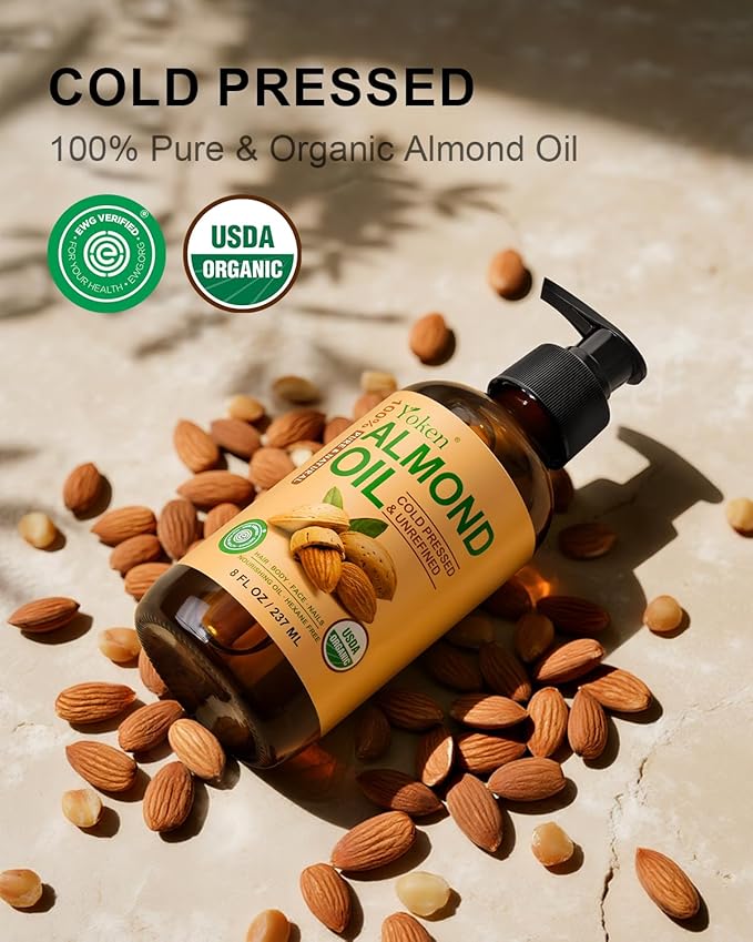 Yoken Organic Almond Oil 8 fl oz, USDA 100% Pure Natural Cold Pressed Almond Oils in Glass Bottle, Moisturizing Carrier Oil for Face, Hair & Body - Ideal for Skin Care, Soothing Massage & DIY Beauty