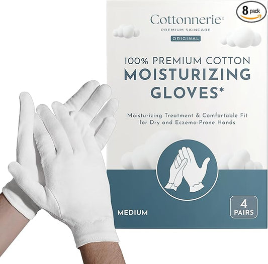 Cottonnerie Original Cotton Gloves for Dry Hands Sleeping, Moisturizing Gloves Overnight, Hand Moisturizer Gloves, Moisture Gloves for Dry Hands Overnight, Sleeping Gloves, Medium 4 Pairs