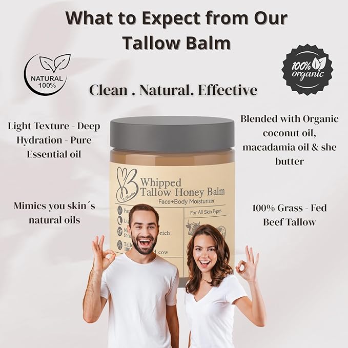 Beef Tallow for Skin- Tallow Balm for face- Tallow Face Moisturizer - Beef Tallow Moisturizer- Tallow and Honey Balm - Grass Fed Beef Tallow For Skin - Tallow Face Cream Lotion (8.0 oz)