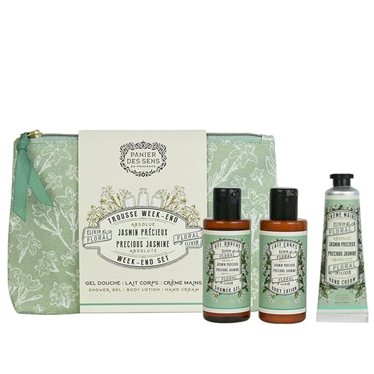Panier des Sens - Travel Pouch Jasmine Gift Set - Shower Gel 3.3 fl oz + Body Lotion 3.3 fl oz + Hand Cream 1 fl oz - 97% Natural Ingredients - Made in France, Vegan Friendly Body Care