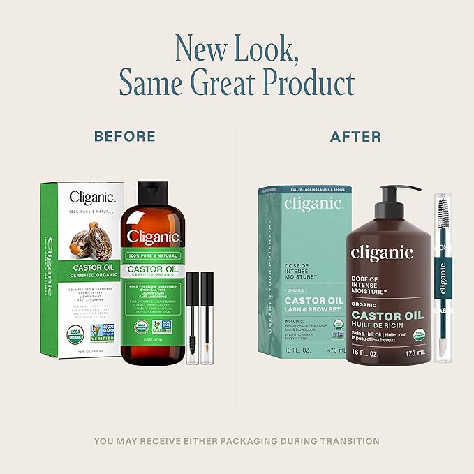 Cliganic Organic Castor Oil, 100% Pure (16oz with Eyelash Kit) - For Eyelashes, Eyebrows, Hair & Skin | Bulk, Natural Cold Pressed Unrefined Hexane-Free | DIY Carrier Oil