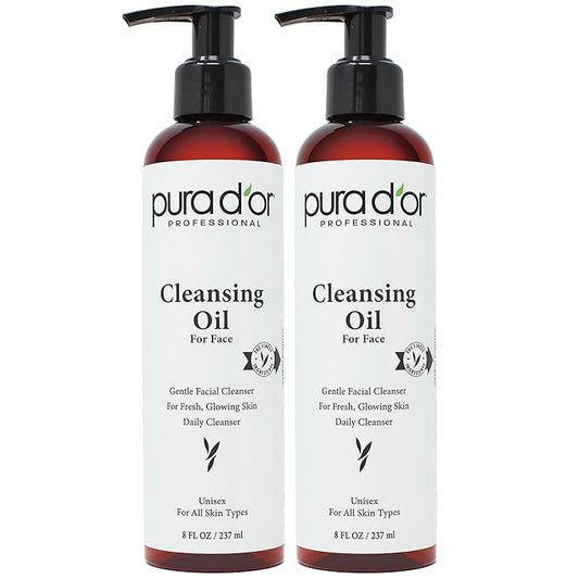 PURA D'OR Facial Cleansing Oil (8 Oz x2 = 16 Oz) Nourishing Botanical Blend with & Vitamin, Jojoba and Sunflower Oil - Gentle Makeup Remover & Deep Cleanser For Healthy, Glowing Skin - Paraben-Free