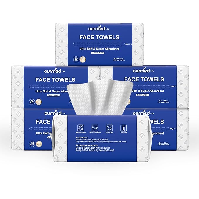 Ourmed Life Face Towels, Thicker Disposable Biodegradable Clean Face Wipes for Sensitive Skin, Lint- free Face Cloths for Makeup Remover, Skincare and Women Cleaning, Dry Wipes, 480 Count Dot Texture