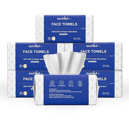 Ourmed Life Face Towels, Thicker Disposable Biodegradable Clean Face Wipes for Sensitive Skin, Lint- free Face Cloths for Makeup Remover, Skincare and Women Cleaning, Dry Wipes, 480 Count Dot Texture