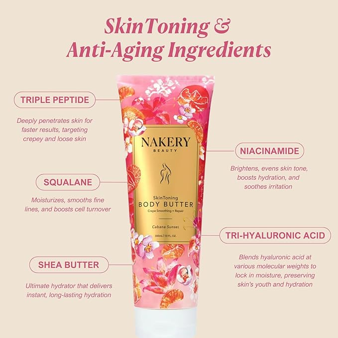 Nakery Skin Toning Body Butter for Women - Firming Body Lotion for Women - Peptide Infused Body Lotion for Crepey & Sagging Skin - Firming Lotion for Neck, Arms & Legs - Cabana Sunset