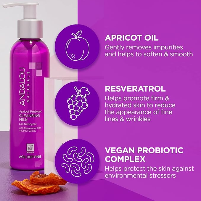 Andalou Naturals Age Defying Apricot Probiotic Cleansing Milk | Gentle Daily Hydrating Face Cleanser For Dry, Dehydrated Skin| With Fruit Stem Cell Complex | 6 fl oz