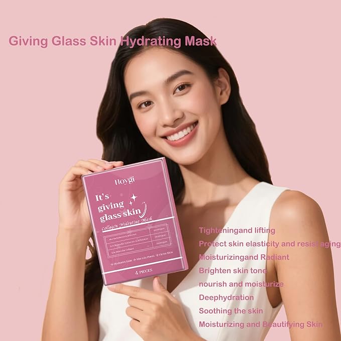 4Pack Hydrating Collagen Face Mask for Korean Glass Skin – Firming and Wrinkle Reduction Sheet Mask for Youthful, Firming, Bio-Collagen Facial Mask for All Skin Types