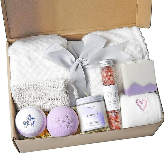 Natural Amor Lavender Blanket Spa Gift for Women 8pcs, Birthday Gift for Women, Self Care Gift