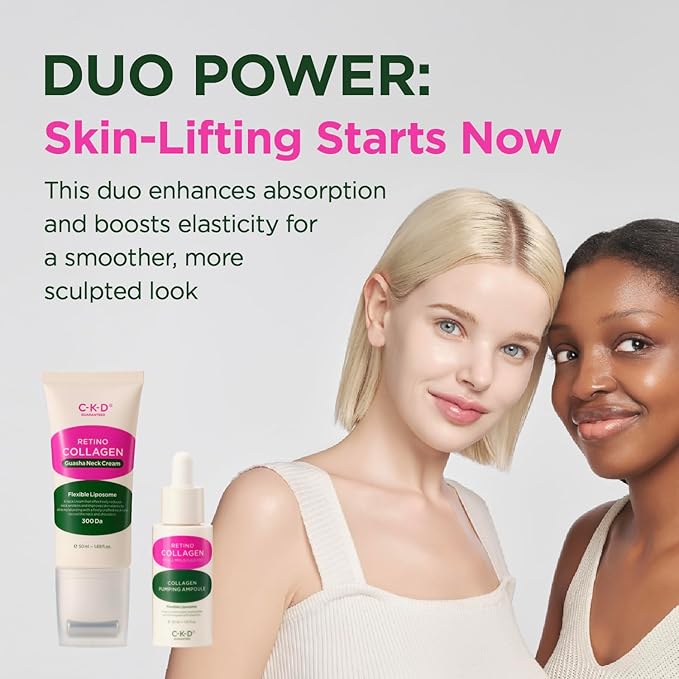 CKD Retino Collagen Gua Sha Neck Cream & Facial Serum Duo Set - Firming, Elasticity Boosting, and Deep Moisturizing. Korean Skincare Gift Set for Special Occasions and Daily Use