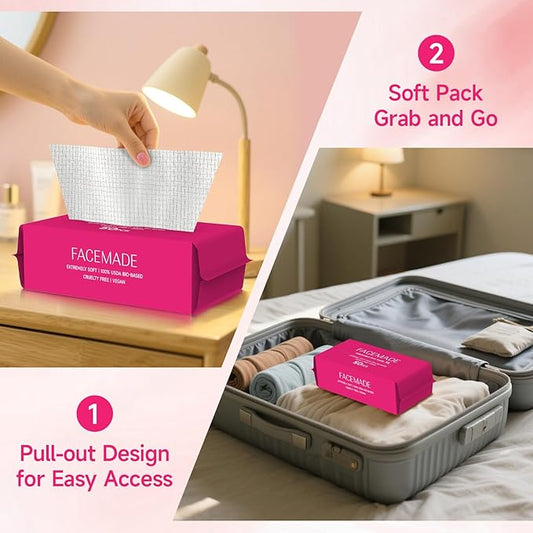 50 Count (Soft Pack) XL Disposable Face Towels, Ultra Thick Face Towelettes Disposable, Clean Facial Towels for Makeup Remover, Skincare, USDA Certified 100% Biobased