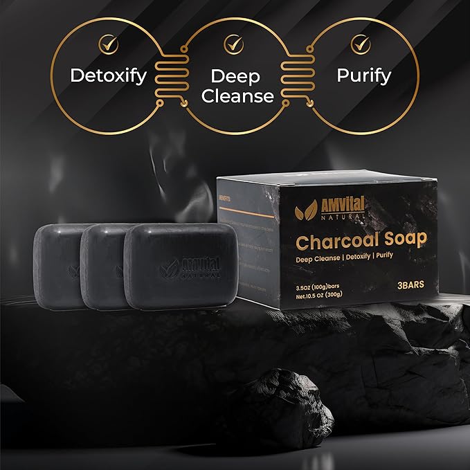 AMVital Natural Charcoal Soap Bar Set - 3-Pack Plant-Based Face & Body Soap for Daily Use - Deep-Cleansing Bar Soap for All Skin Types - Vegan Gift Set for Men & Women