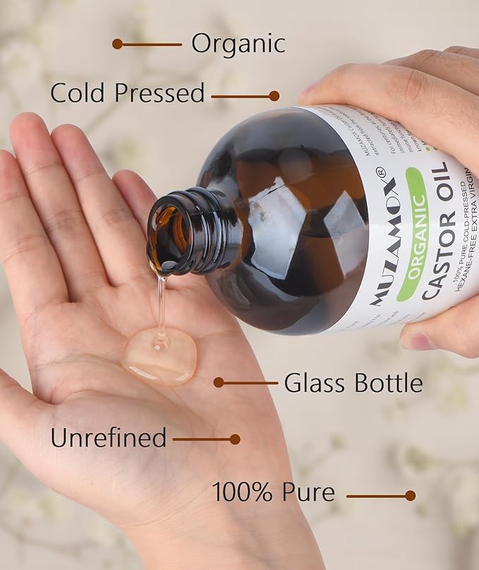 Castor Oil Organic Cold Pressed Unrefined Glass Bottle, 100% Pure and Hexane Free, Ideal for Castor Oil Pack, Skin Care, and Hair Growth, 16 Fl Oz
