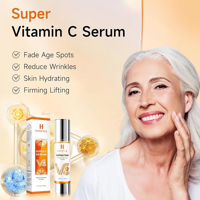 HANYWIL Super Vitamin C Serum for Women over 70, Vitamin C Serum for Face, Dark Spot Remover for Face, Hyaluronic Acid Skin Care, Targets Age Spots, Hydrates and Wrinkle Reduction 1.7fl oz