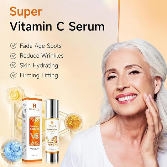 HANYWIL Super Vitamin C Serum for Women over 70, Vitamin C Serum for Face, Dark Spot Remover for Face, Hyaluronic Acid Skin Care, Targets Age Spots, Hydrates and Wrinkle Reduction 1.7fl oz