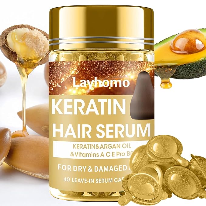 Keratin Hair Treatment Serum,Hair Oil Treatment for Dry Damaged Hair,Hair Oil Capsules with Keratin,Argan Oil-Leave-in Anti Frizz Conditioner with Vitamins A, C, E & B5- No Rinse for All Hair Types