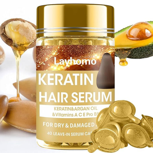 Keratin Hair Treatment Serum,Hair Oil Treatment for Dry Damaged Hair,Hair Oil Capsules with Keratin,Argan Oil-Leave-in Anti Frizz Conditioner with Vitamins A, C, E & B5- No Rinse for All Hair Types