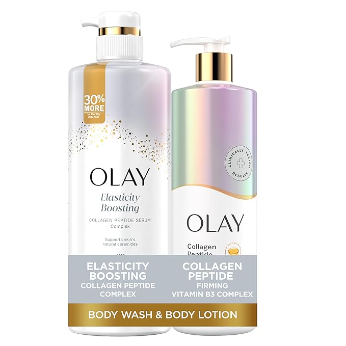 Olay Elasticity Boosting Body Wash + Body Lotion Bundle Pack, Moisturizing & Firming Formula with Collagen Peptide Serum & Vitamin B3 Complex, 26 fl oz & 17 fl oz, (Pack of 2)