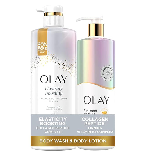 Olay Elasticity Boosting Body Wash + Body Lotion Bundle Pack, Moisturizing & Firming Formula with Collagen Peptide Serum & Vitamin B3 Complex, 26 fl oz & 17 fl oz, (Pack of 2)