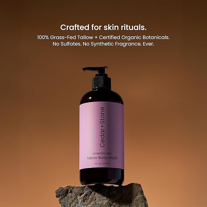 Cedar + Stone Tallow Body Wash – Liquid Tallow Soap & Shower Gel Formulated with USDA Organic Oils – Lavender & Lilac – Sulfate-Free Cleanser for Sensitive Skin – Made in USA, 16oz