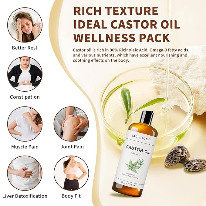Organic Castor Oil 16 oz, 100% Pure Cold Pressed Castor Oils for Hair Growth, Eyebrows, Eyelash, USDA Certified Caster Carrier Oil for Body, Skin & Face Moisturizer