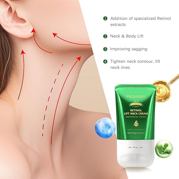 Retinol Neck Cream with Roller - AH8 Lift Firming Cream for Crepey Skin, Hyaluronic Acid Moisturizer for Face, Neck & Body, Tightening & Lifting Treatment for Wrinkles & Lines 4.23oz
