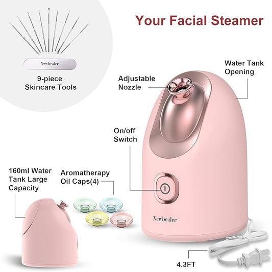 Newbealer Facial Steamer, Mini Aroma Face Steamer, Nano Ionic Hot Mist Facial Humidifier Atomizer, Home Sauna Spa Sprayer Moisturizing Cleansing Pores, 9 Pieces Acne Remover Kit (Pink-Gold, 160ml)