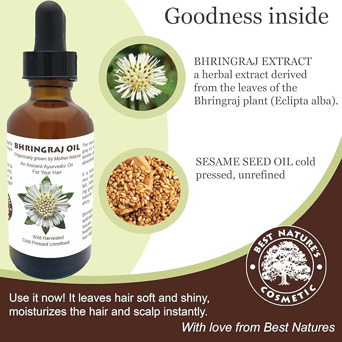 Best Nature's Bhringraj Oil – Pure Indian Eclipta Alba Oil for Hair Growth, Dandruff & Early Graying – Natural Scalp Cleanser – Hello Luminous, Shiny Hair – 2 fl oz