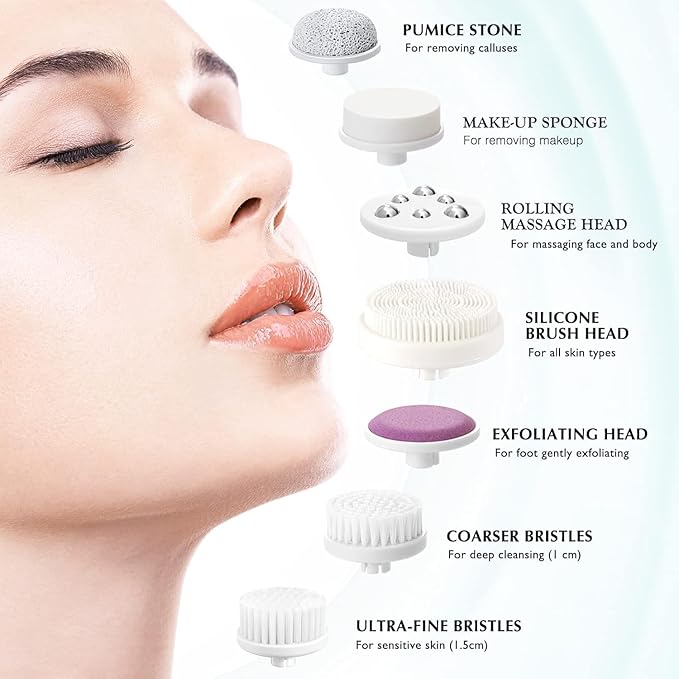 COSLUS Facial Cleansing Brush Silicone Face Scrubber: 7 in 1 FBS-D Electric Exfoliating Rotating Massage Device Waterproof Deep Cleaning Exfoliation Spa Machine - Electronic Skin Care Wash System