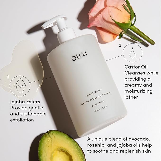 OUAI Hand Wash Full Size, Dean Street - Liquid Hand Soap with Jojoba, Avocado, & Rose Hip Oil for Replenished Skin - Gentle Exfoliating Kitchen & Bathroom Soap - (2 Pack, 16 Fl Oz Each)