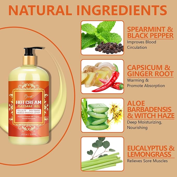 Anti Cellulite Massage Oil & Hot Cream Set with Massager, Natural Cellulite Remover, Oil & Massager for Legs Arms and Butt, Firm, Tighten & Moisturize Skin Soothes Muscles (8 Fl Oz)