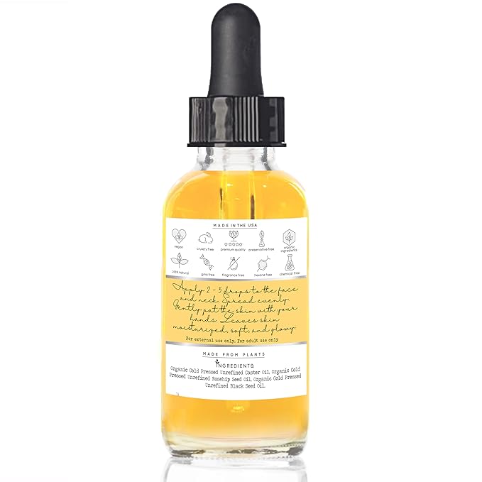 Black Seed, Rosehip & Castor Oil Organic Cold Pressed Fortifying Face Oil Anti-Age Facial Moisturizer Hydrating, Nourishing Miracle Oil Serum Glow for Dry Wrinkled Skin Natural Skincare (2 FL OZ)