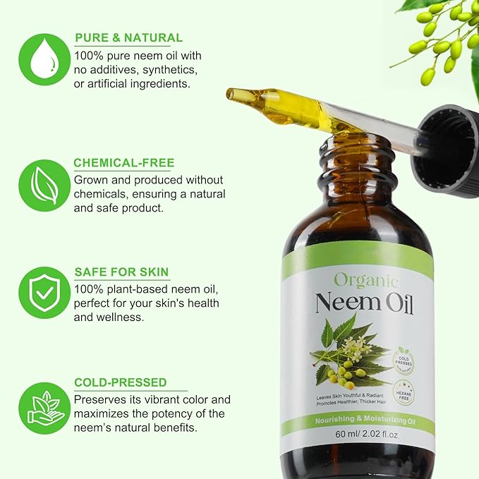 Neem Oil 2.02 fl.oz, Neem Oil for Skin and Hair, 100% Pure Natural Cold Pressed Unrefined Virgin for Hair Growth, Skin& Body Care, Nails, Nourishes the Hair, Natural Moisturizer, Reduces Fine Line