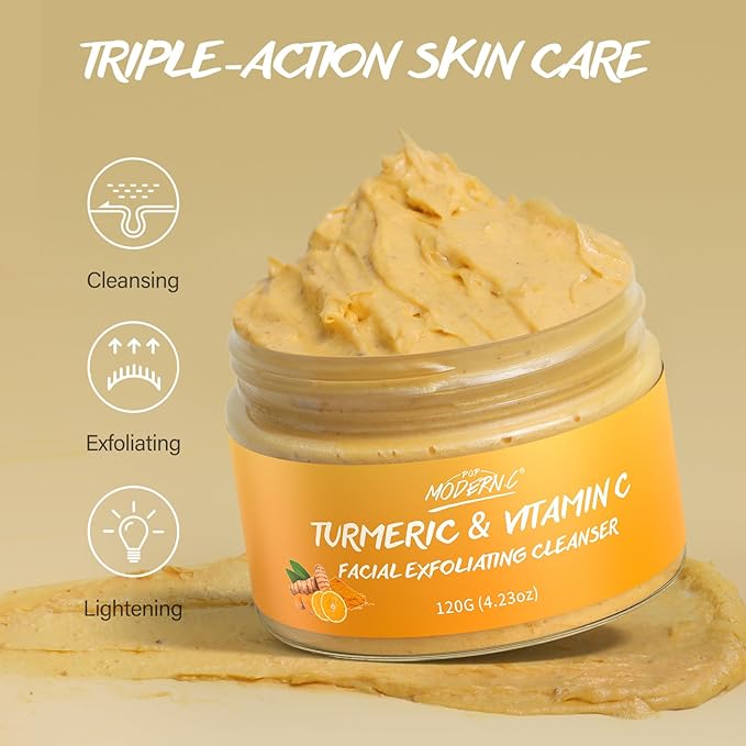 Turmeric Exfoliating Face Wash Vitamin C Facial Cleanser Microdermabrasion Exfoliator Face Scrub Foaming Cleanser Removing Blackhead Acne Moisturizing Soft Natural Skin Care for Women Men