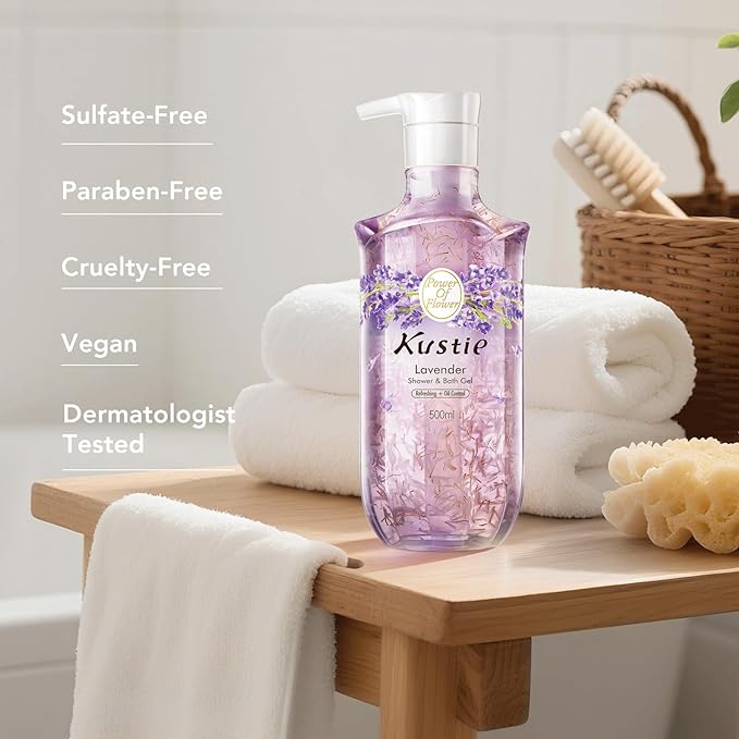 Kustie Lavender Antibacterial Body Wash with Real Visible Flower Petals, Moisturizing & Anti-Acne Shower Gel with Tea Tree Oil & 24HR Perfume Scent for Sensitive Skin, 16.9 fl oz