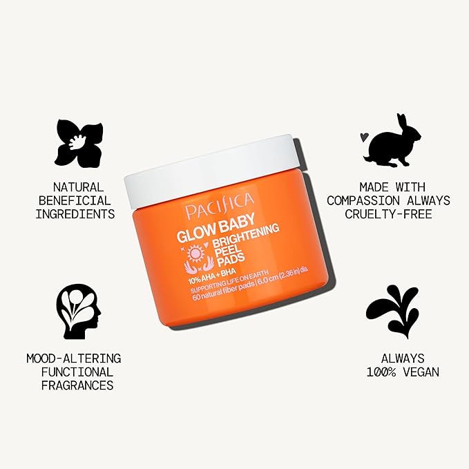 Pacifica Glow Baby Brightening Peel Pads 10% AHA + BHA Exfoliating Face Pads for Glowing Skin Resurfacing Glycolic Acid & Salicylic Acid Pad to Smooth Texture & Minimize Pores Fragrance Free 60 Count