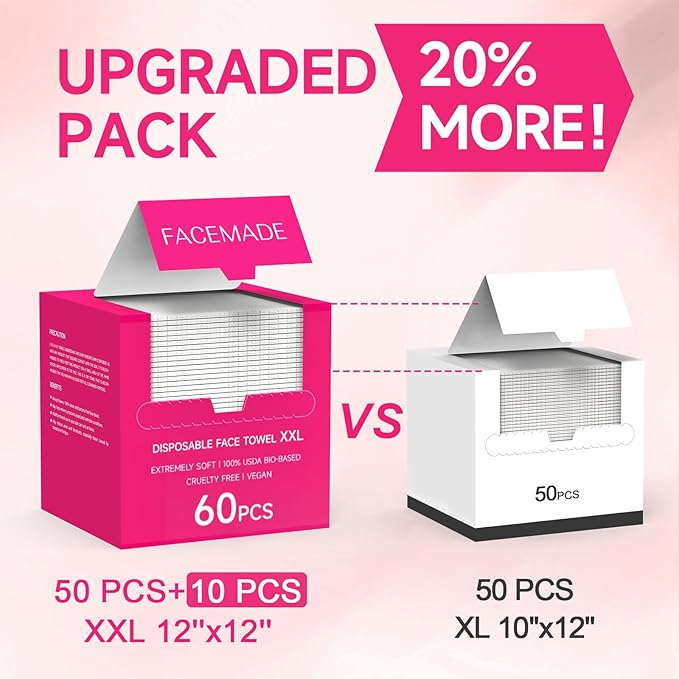 120 Count XXL Disposable Face Towels 12" × 12", 100% USDA Biobased Face Towelettes Disposable, Clean Facial Towels for Makeup and Clean Skin, Super Soft and Thick Dry Wipes Club